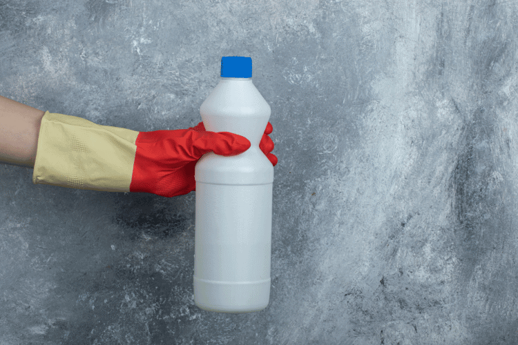 Hand in red gloves holding container of bleach