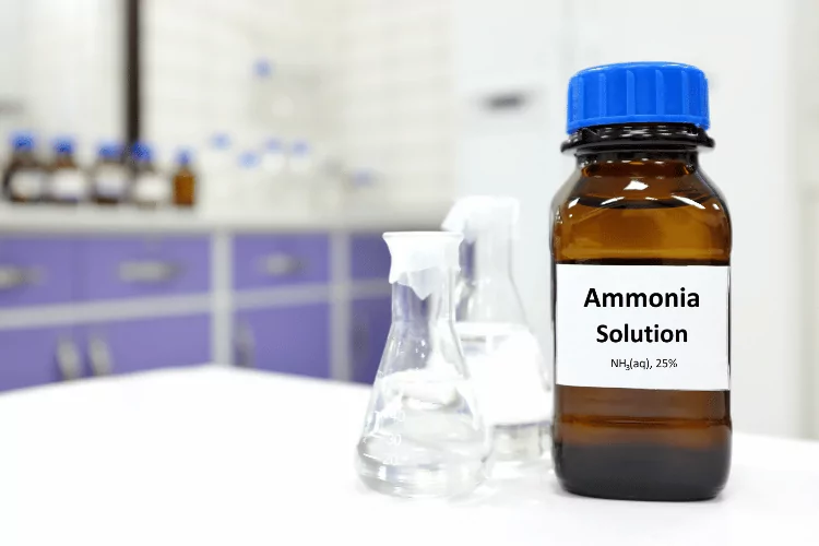 Selective focus of ammonia solution or ammonium hydroxide in glass amber bottle inside a chemistry laboratory